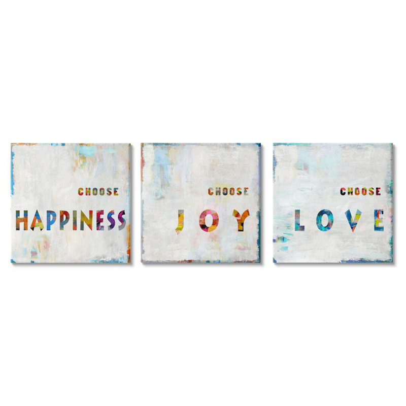Choisissez «Happiness Joy and Love» par Jamie MacDowell - 3 pièces textuelles, H 17 po x l 17 po x P 1,5 po, Toile tendue