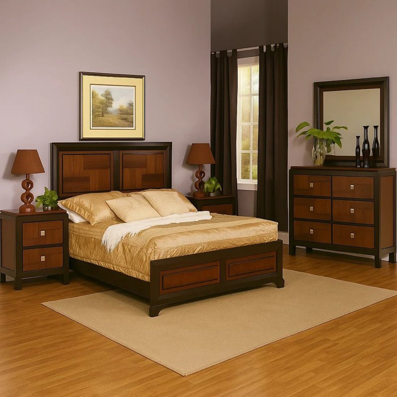 Ensemble de chambre avec grand lit 5 pièces Nera, 2 tables de chevet, noyer d'acacia brun noir