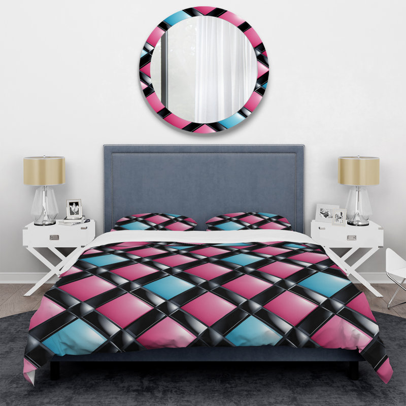 Literie en damier rose et bleu, Housse de couette pour très grand lit et 2 très