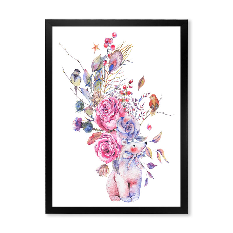 Ours polaire bleu et rose - Bouquet de fleurs - peinture sur toile, H 32 po x l 16 po, Toile avec cadre de coin noir fermé