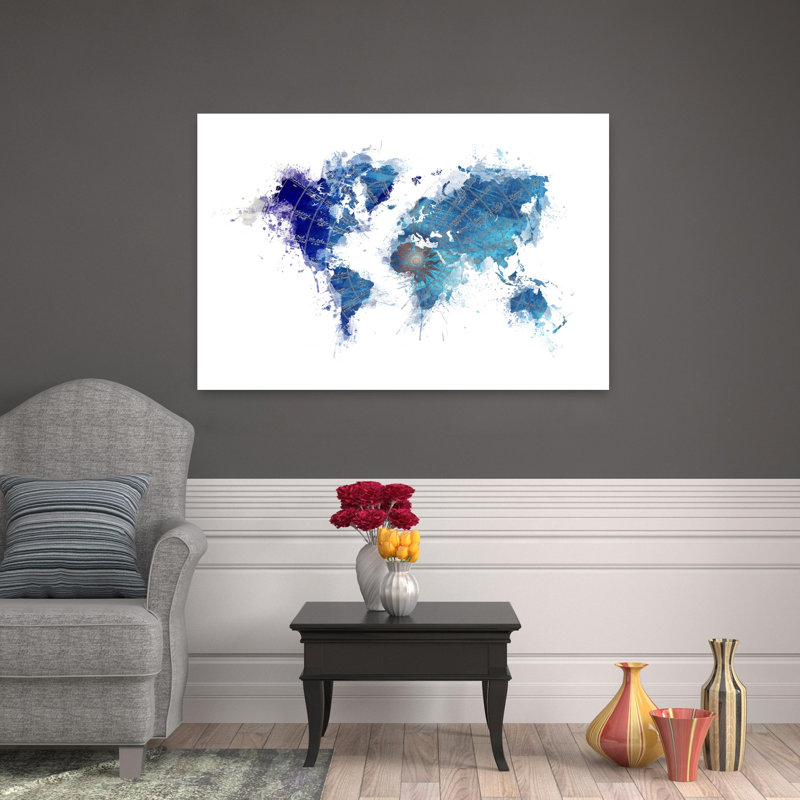 Art mural contemporain abstrait carte du monde bleu aquarelle, 32" H x 48" W