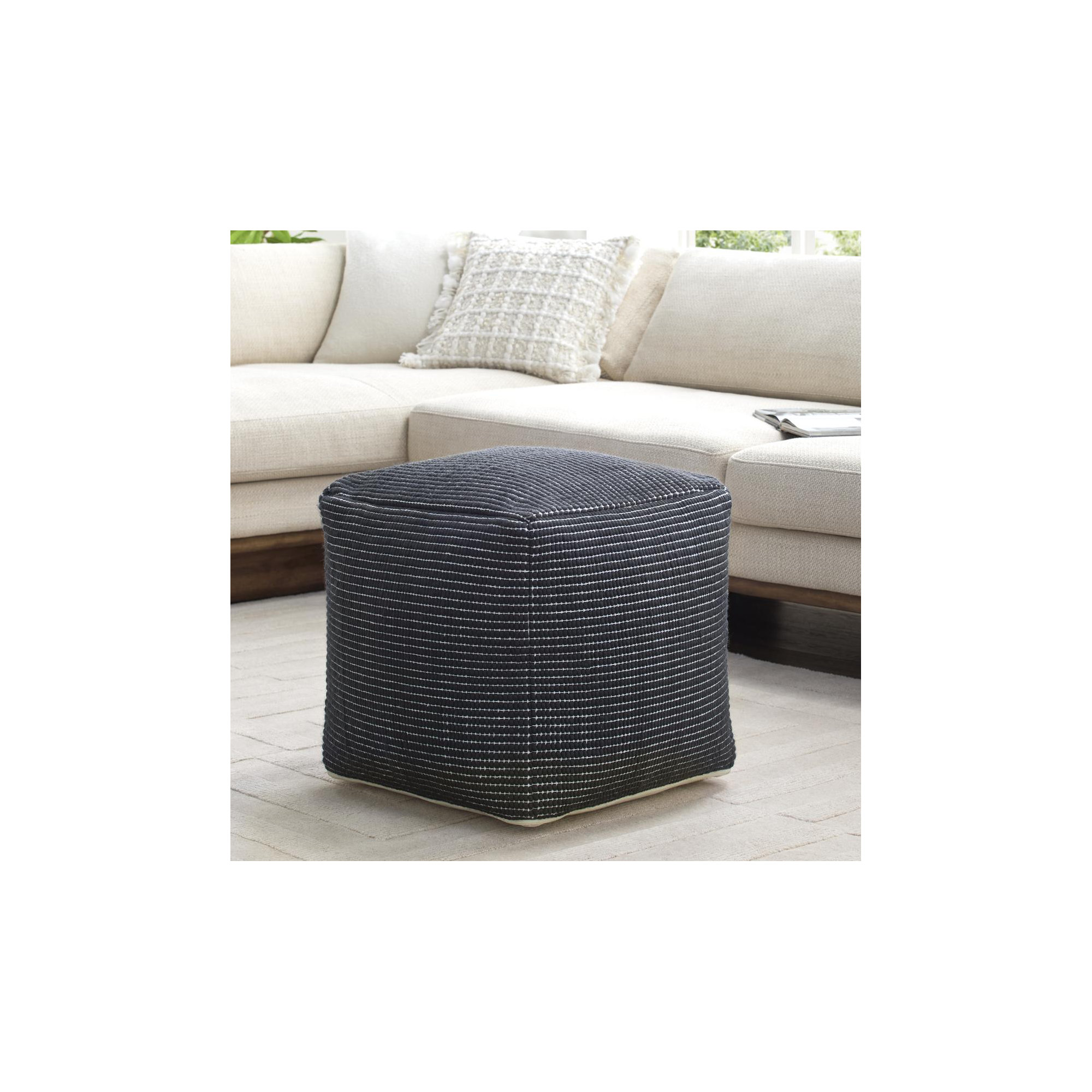 Waverly Woven Wool Blend Pouf with Removable Cover , Black