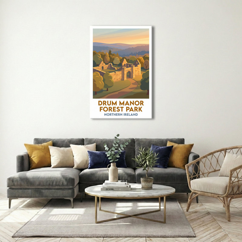 Drum Manor Forest Park, Northern Ireland - Romantic Woodland Ruins At Dusk (Travel Poster). Giclee Print On Wrapped Canvas. Wall Art, Home Decor - Parks & Gardens, Northern Ireland - Wrapped Canvas Print