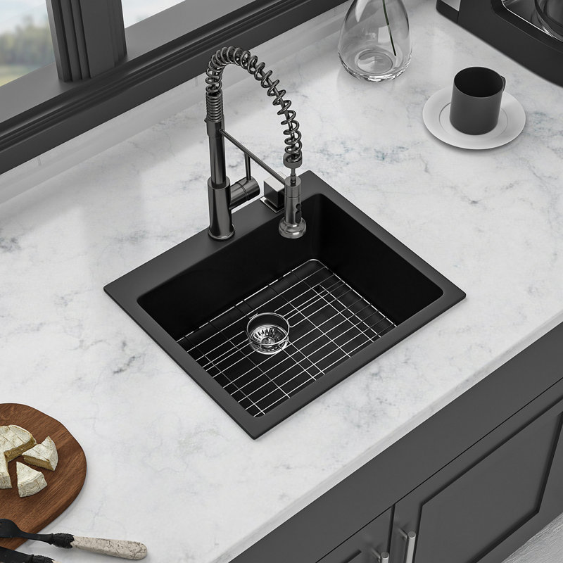 Quartz Kitchen Sink - 25X22" Black Granite Composite Drop In Kitchen Sink