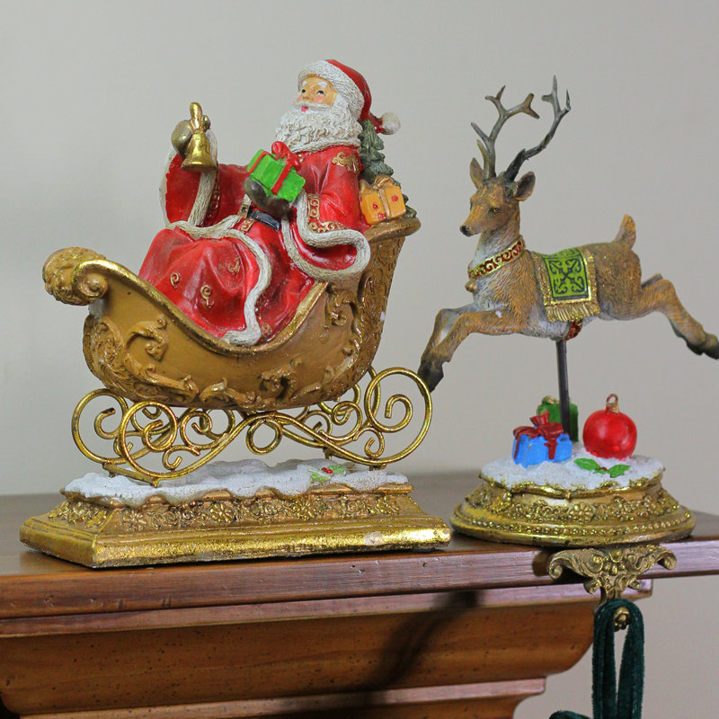 Gold Santa and Reindeer Glittered Christmas Stocking Holders Set