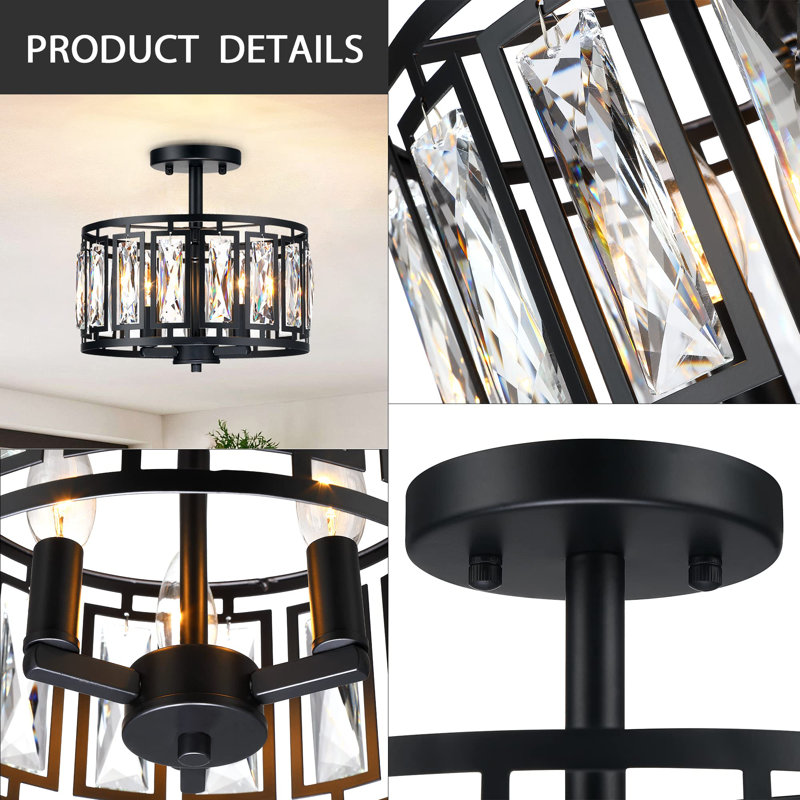Modern Crystal Semi Flush Mount Ceiling Light Black Close To Ceiling Light Fixtures,3-Light Ceiling Light