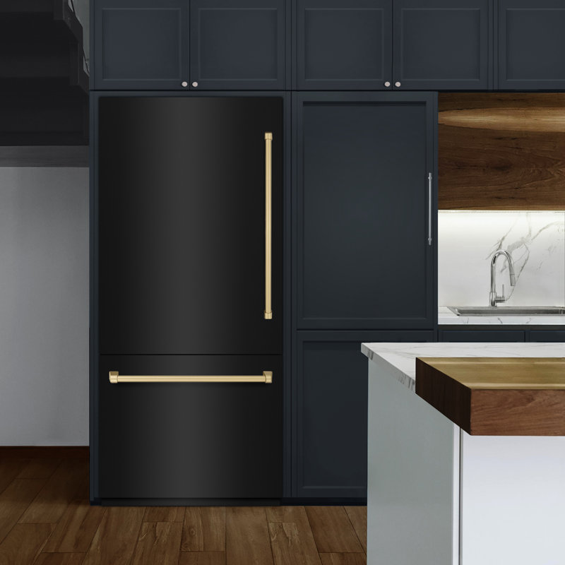 ZLINE Autograph Edition 36 in. 19.8 cu. ft. Built-In Bottom Freezer Refrigerator with Water Dispenser and Ice Maker in Stainless Steel with Graphite Gray Interior and Accents