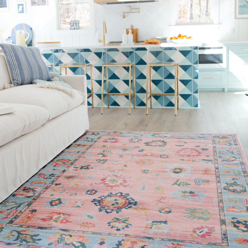 Kugler Vintage Traditional Pink/ Blue Printed Washable Flat Pile Area Rug, Rectangle 5' x 7'