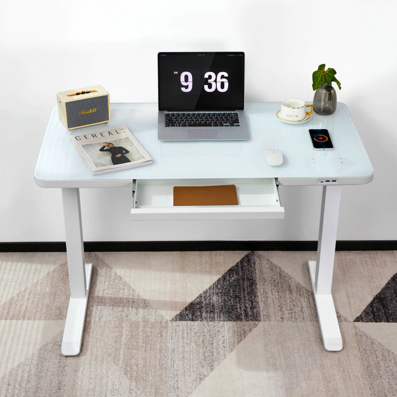 White Adjustable Height Standing Desk with Glass Top and Drawer