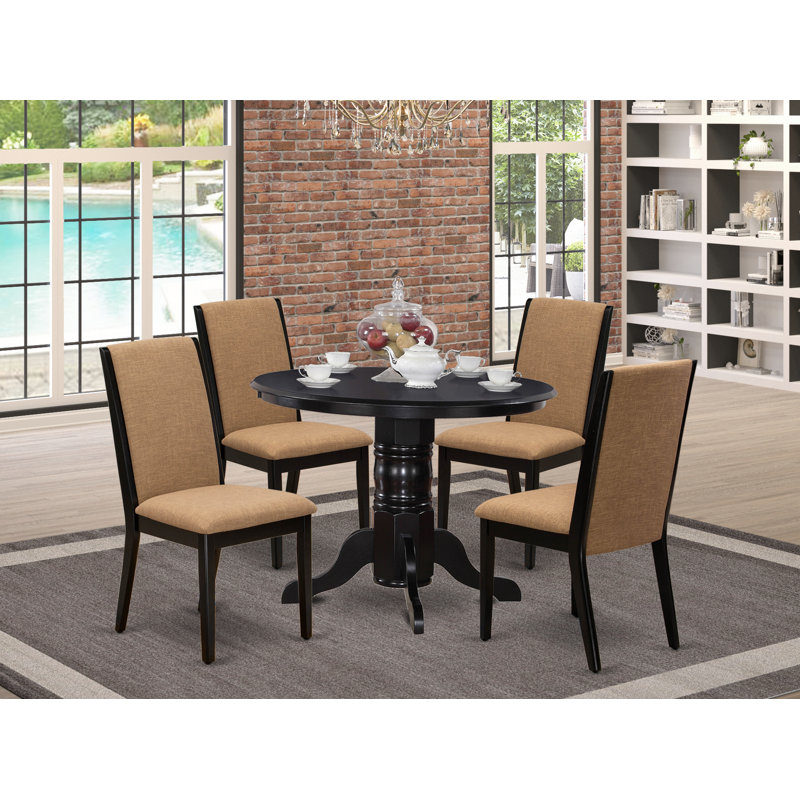 5 Piece Dining Table Set Includes a Round Dining Room Table with Pedestal and 4 Light Sable Linen Fabric Upholstered Chairs, Black