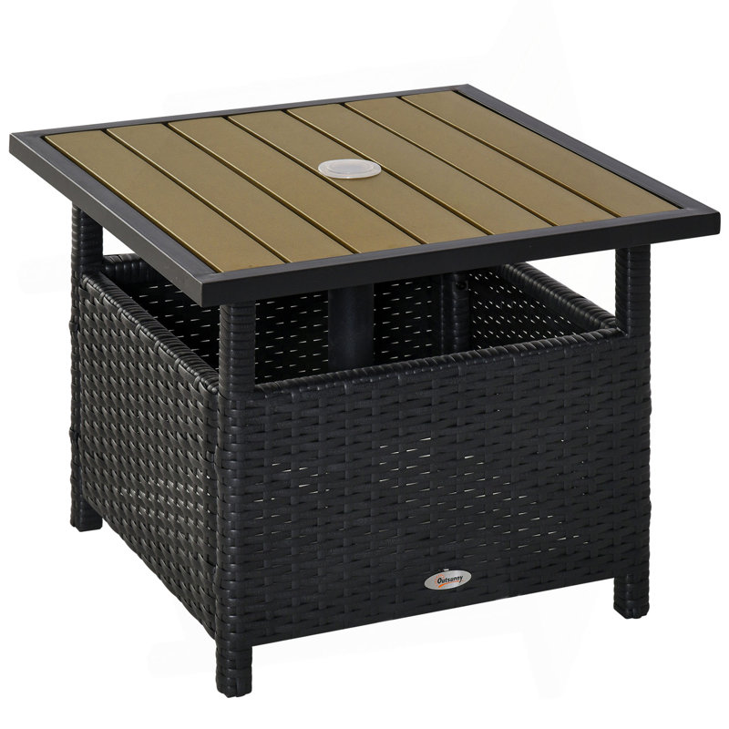 Outsunny 22'' Rattan Wicker Side Table With Steel Frame, Umbrella Insert Hole, Sand Bag For Outdoor, Patio, Garden, Backyard