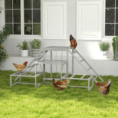 Pawhut Chicken Toys For Coop, Chicken Swing Set, Chicken Coop Accessories For Poultry Run With Perches, Wood Stand, Ladder, Platforms, For 10-15 Chickens, Grey