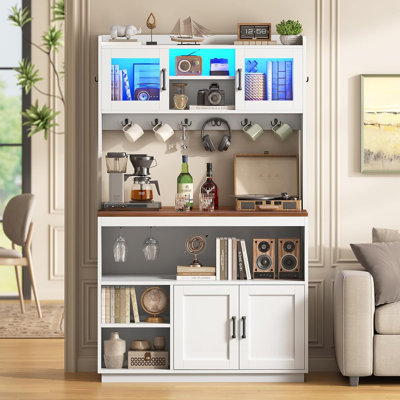 Bakers Rack with Power Outlet & LED Lights, 67.6" Kitchen Pantry Cabinet, Microwave Stand Coffee Bar with Glass Display Hutch, Hooks & Wine Glass Holder, Black + Brown