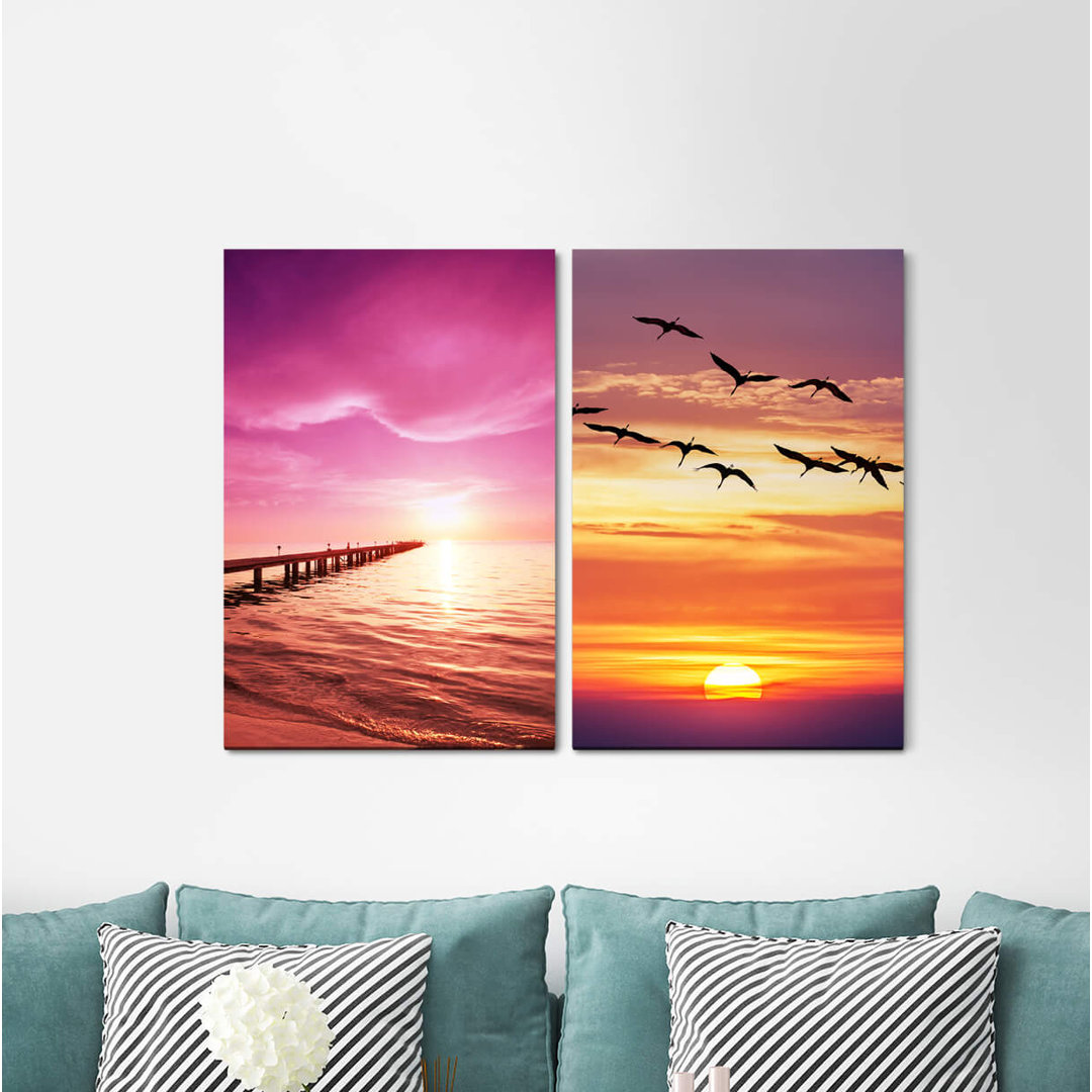 2-tlg. Leinwandbilder-Set Jetty Sea Pink Clouds Duck Flight Sunset Red Sky Horizon