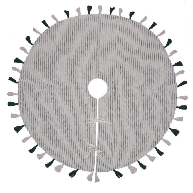 Red and White Striped Cotton Christmas Tree Skirt with Tassels