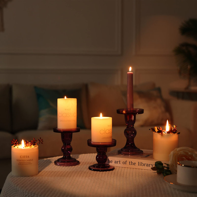 Ensemble de porte-bougies en verre 3 pièces, Mauve