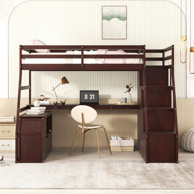 Lit mezzanine simple avec bureau, 7 tiroirs et 2 tablettes - Lit mezzanine pour enfants pour rangement et bureau, espresso