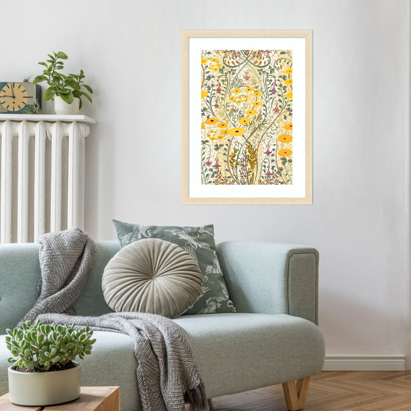 «Vibrant Botanical Pattern» par Fuselier, impression sur bois encadrée, Rayures de grain de bois blond, H 26 po x l 19 po