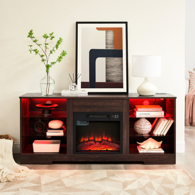 Modern Tv Cabinet With Electric Fireplace - 58"W X 15.5"D 24.4"H, Charging, 7 Color Led Lights, Up To 62" Stand Adjustable Shelves And Power Strip 58" Width, 32 Compatibility,