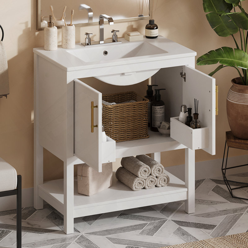 Meuble-lavabo avec lavabo en céramique, Blanc