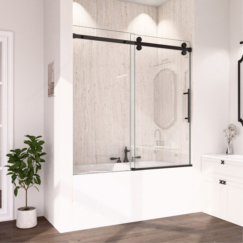Enceinte de porte de douche à porte coulissante sans cadre l 56-60 "x H 60", verre trempé de 5/16 de pouce (8mm) de couleur GCCG, quincaillerie noir mat