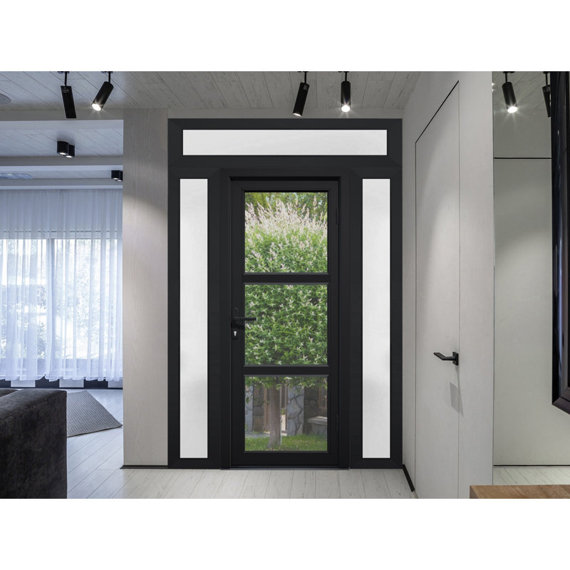 Front Exterior Prehung FiberGlass Door Clear Glass See-through / Manux 8555 Matte Black Clear Glass / 2 Side and Top Exterior Window / Office Commercial and Residential Doors Entrance Patio Garage-W16+30+16" x H80+14"-Right-hand Inswing