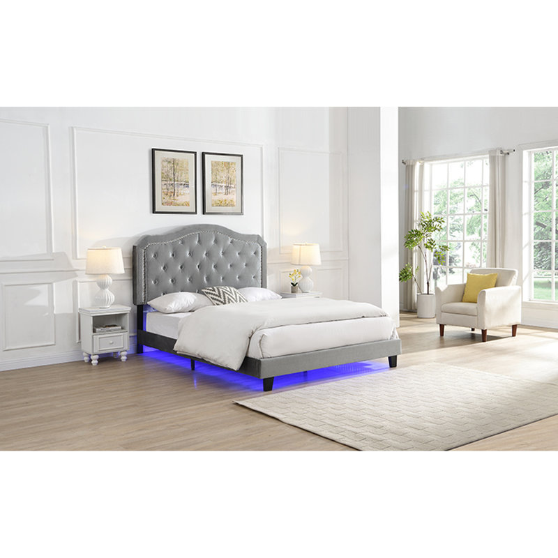 Upholstered Button Queen Bed In Grey Velvet - Curve Style Strong Wood Slat Foundation Led Lights Easy Assembly No Box Spring Required Grey Look Support