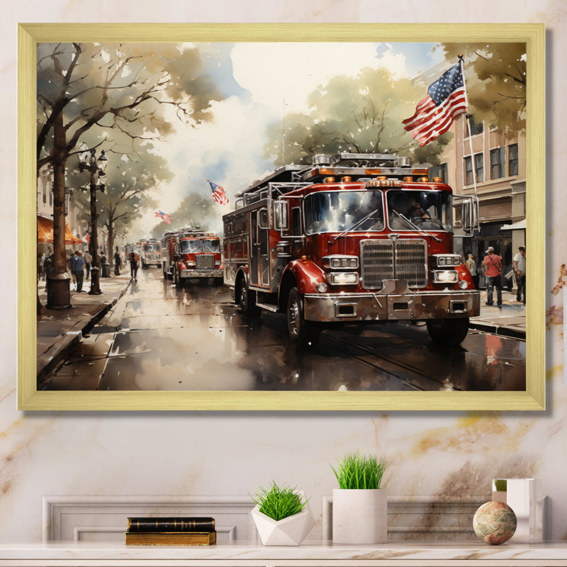 Fire Truck II - Fireman, art mural sur toile, H 34 po x l 44 po x P 1,5 po, Cadre doré à une seule photo