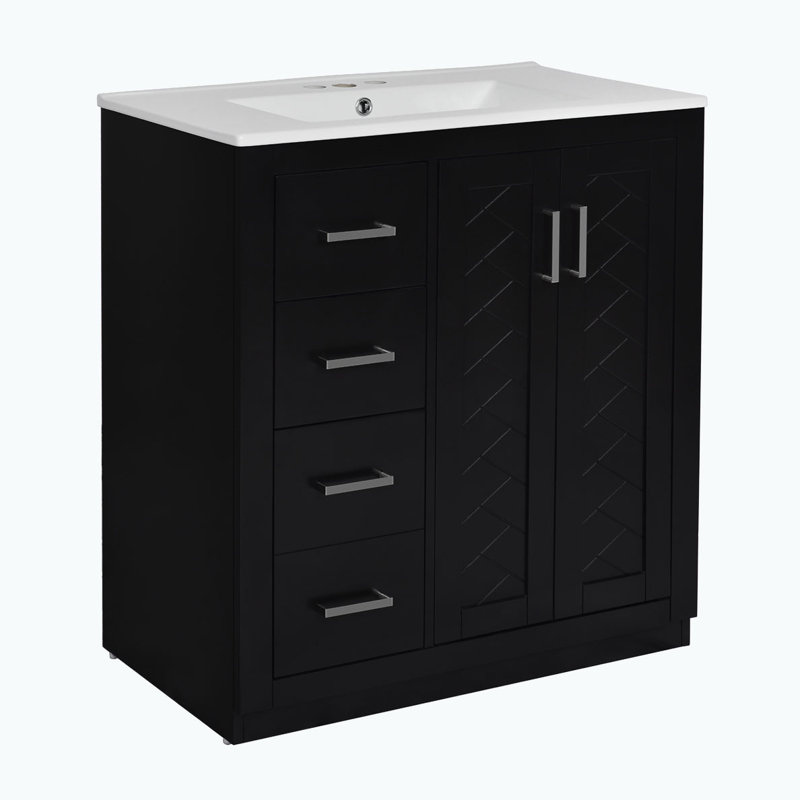 Meuble-lavabo de salle de bain avec lavabo en céramique à 3 tiroirs et portes à fermeture douce, Noir, noir, noir, noir