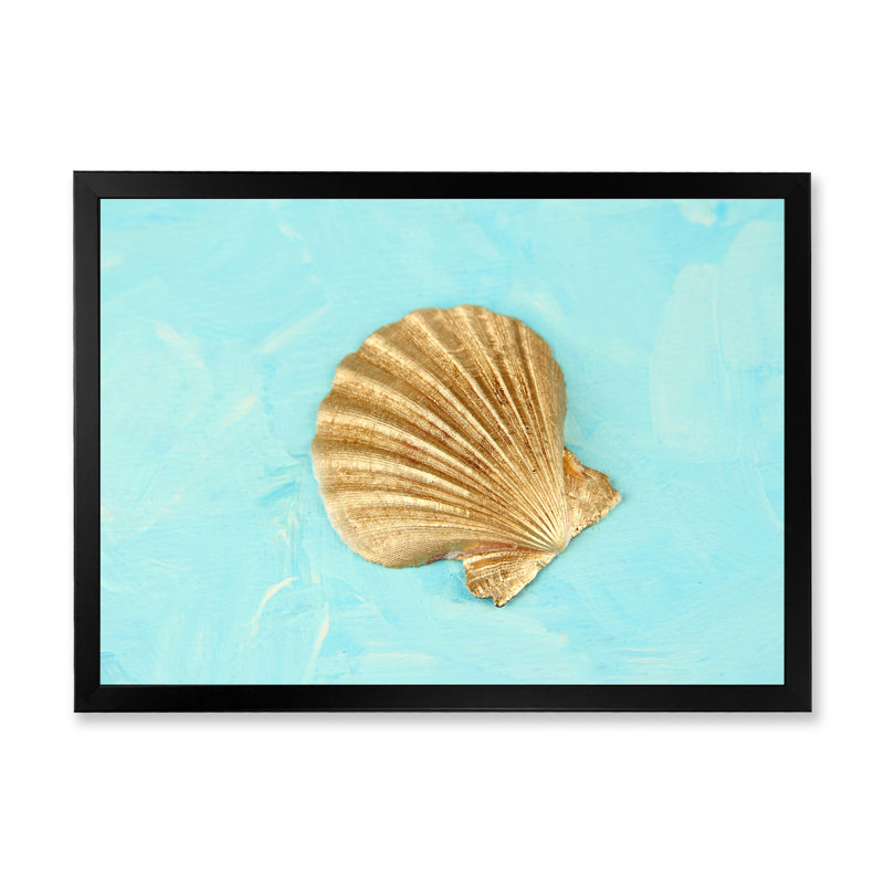 Coquillage doré sur bleu clair - reproduction sur toile, H 16 po x l 32 po, Cadre photo noir