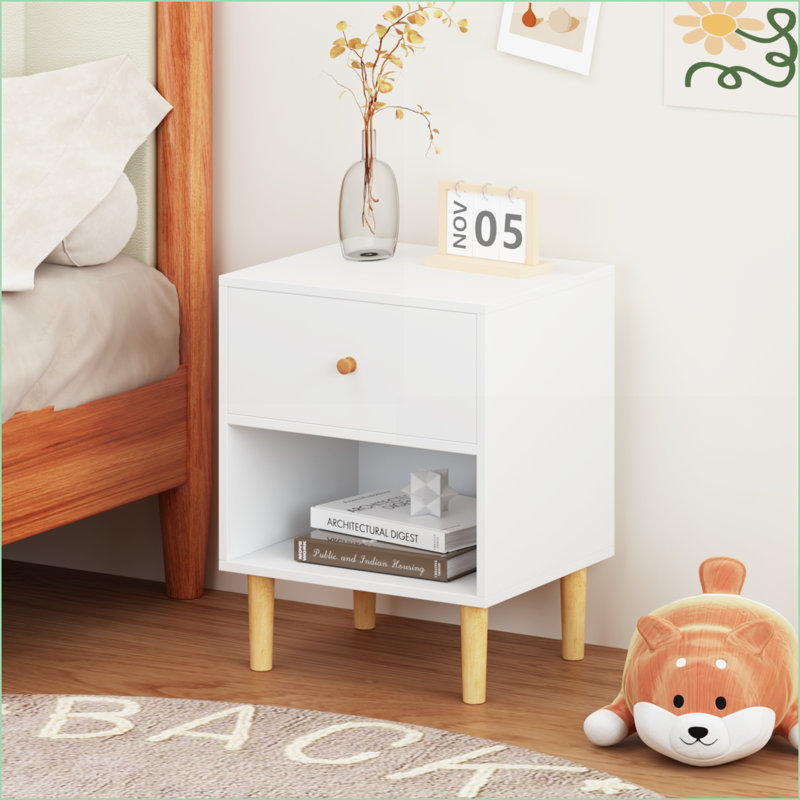 23.22'H White Wooden Nightstand with 1 Drawer &amp; 1 Shelf
