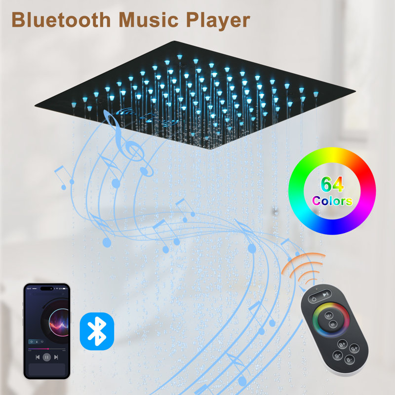 Matte Black 12" LED Rain Shower System with Bluetooth Speaker