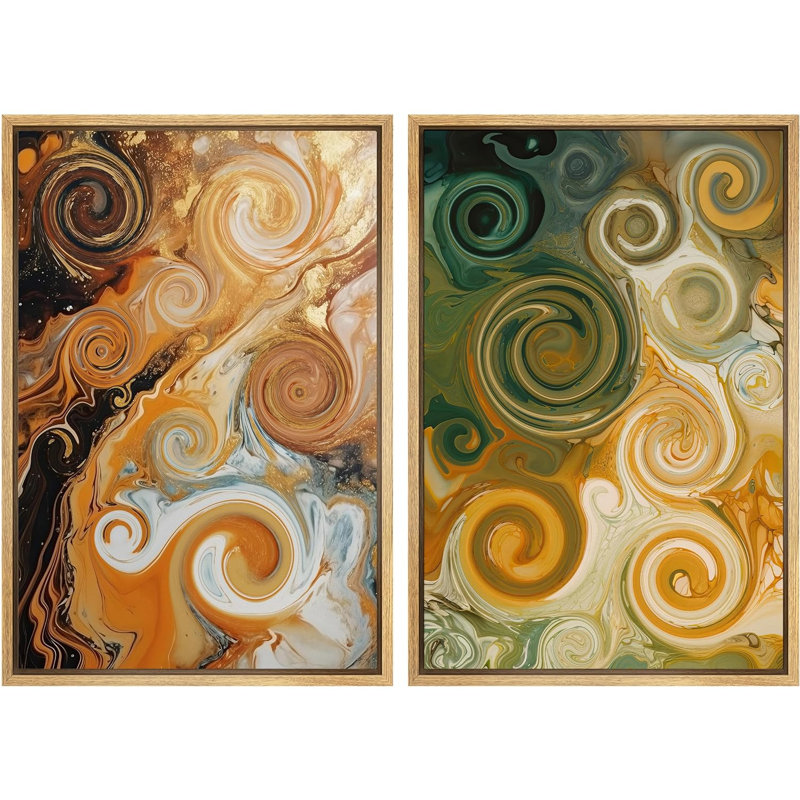 Geometric Shape " Multicolor Fluid Circle Colorful Modern " 2 - Pieces, 24" H x 32" W x 1.5" D, Natural