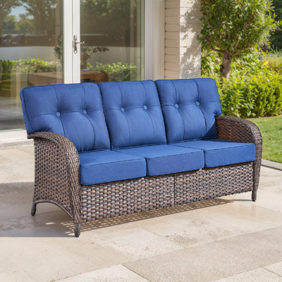 Agnes 75" Outdoor Wicker Rattan Patio Sofa With T-Shape Back Cushions And 5" Thick High-Resilience Foam by Lark Manor