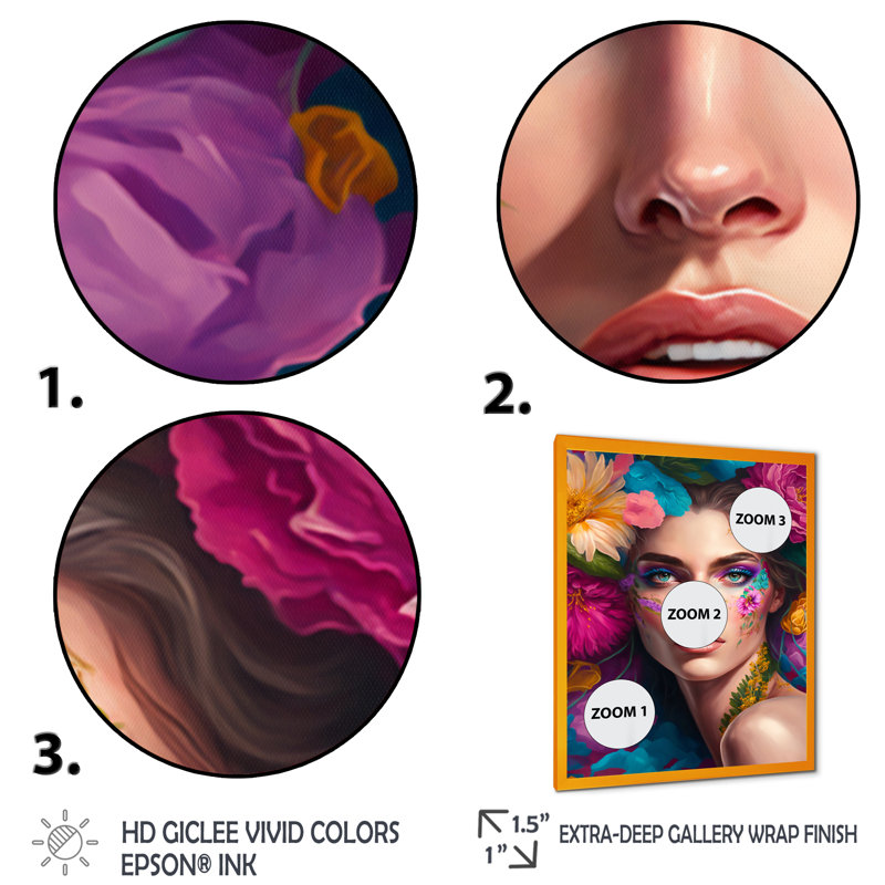 «Floral Sensual Woman Portrait VI», impression sur toile, H 44 po x l 34 po x P 1,5 po, Encadrement doré