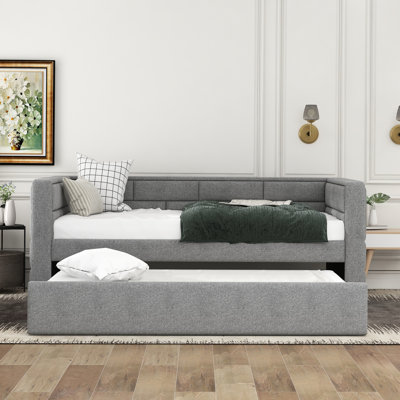 Upholstered Twin Daybed With Trundle, Gray Padded Back Cushion, Size Pad, For Any Bedroom