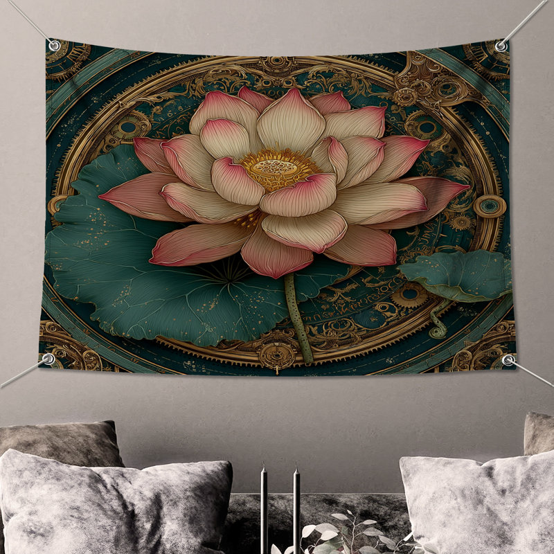 Intricate Lotus Illustration Wall Tapestry - Lotus Wall Decor, 68in H x80in W with 4 Grommets