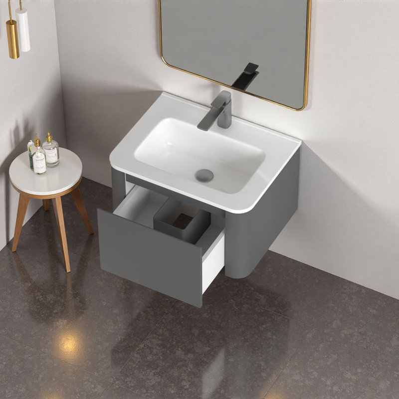 Meuble-lavabo flottant mural 24 po avec lavabo intégré en céramique - gris avec tiroir à fermeture en douceur, 24"