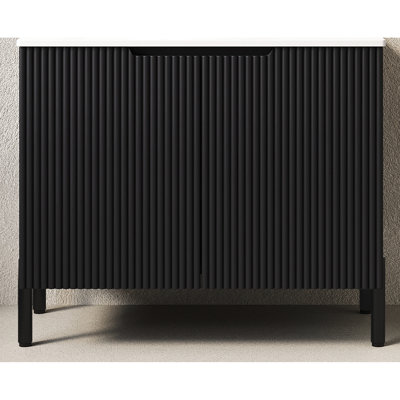 Meuble-lavabo autoportant de 30 po sans lavabo, noir, avec comptoir en pierre frittée blanche, 2 portes, panneau de particules en bois massif de haute qualité, amortisseur à fermeture douce, style romantique français,