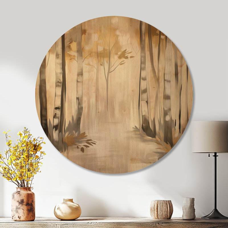 Burren I - art mural rond en bois forêt beige, Rond 23 po, Rond