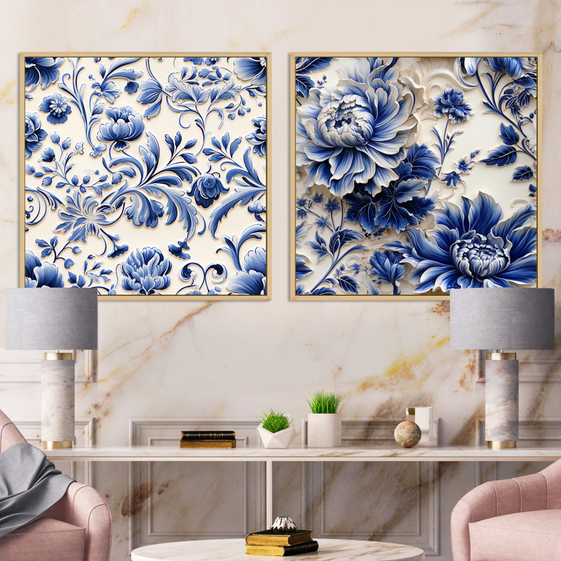 Cobalt bleu Renaissance Flourish Victorian, Cadre flottant brun, H 36 po x l 73 po