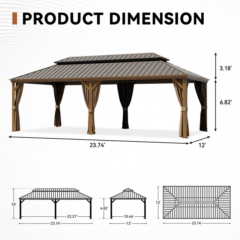 24 pi L 12 pi. D Pavillon de jardin en aluminium avec toit double, rideaux et moustiquaire, 24 Ft. W x 12 Ft. D
