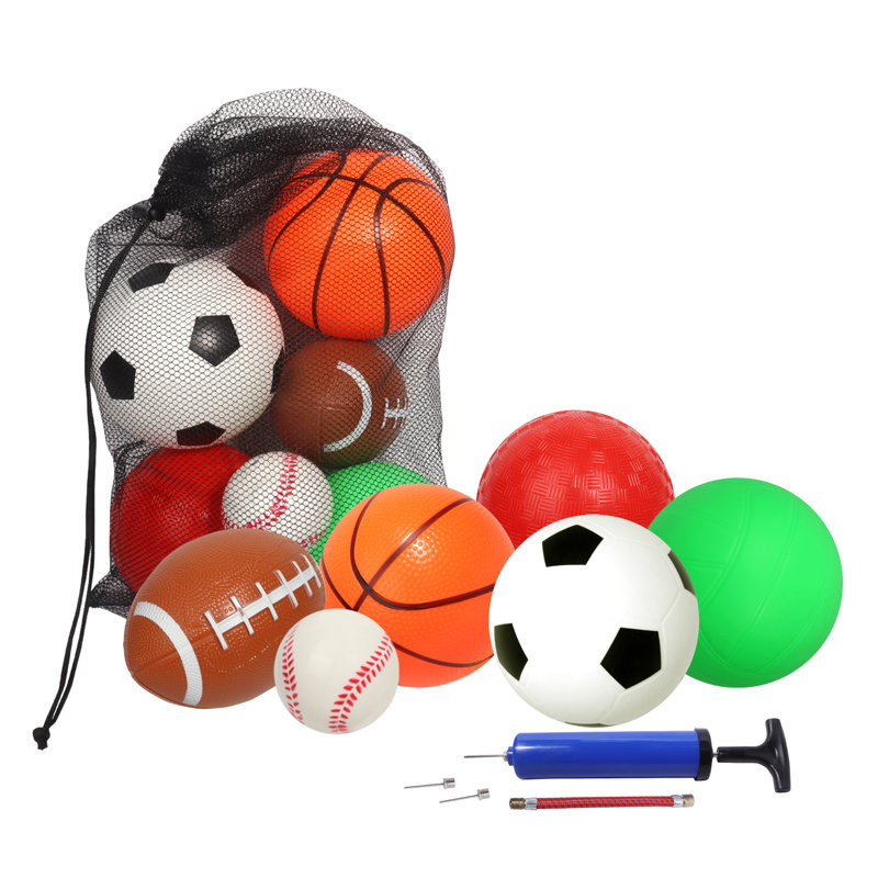GSE Set of 6 Mini Sports Balls with Pump & Mesh Bag, Includes 5" Basketball, 5" Volleyball, 5" Soccer Ball, 5" Playground Ball, 6.5" Football & 2.75" Baseball