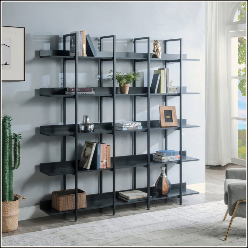 Bibliothèque à 5 niveaux avec bureau ouvert, tablette de style industriel rétro avec structure en métal, Noir