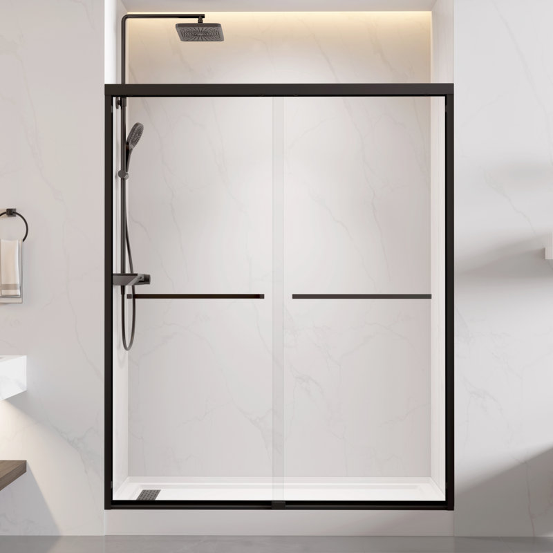 Morvano 56–60” W x 72” H Semi-Frameless Double Sliding Shower Door with Clear Tempered Glass & Matte Black Towel Bars