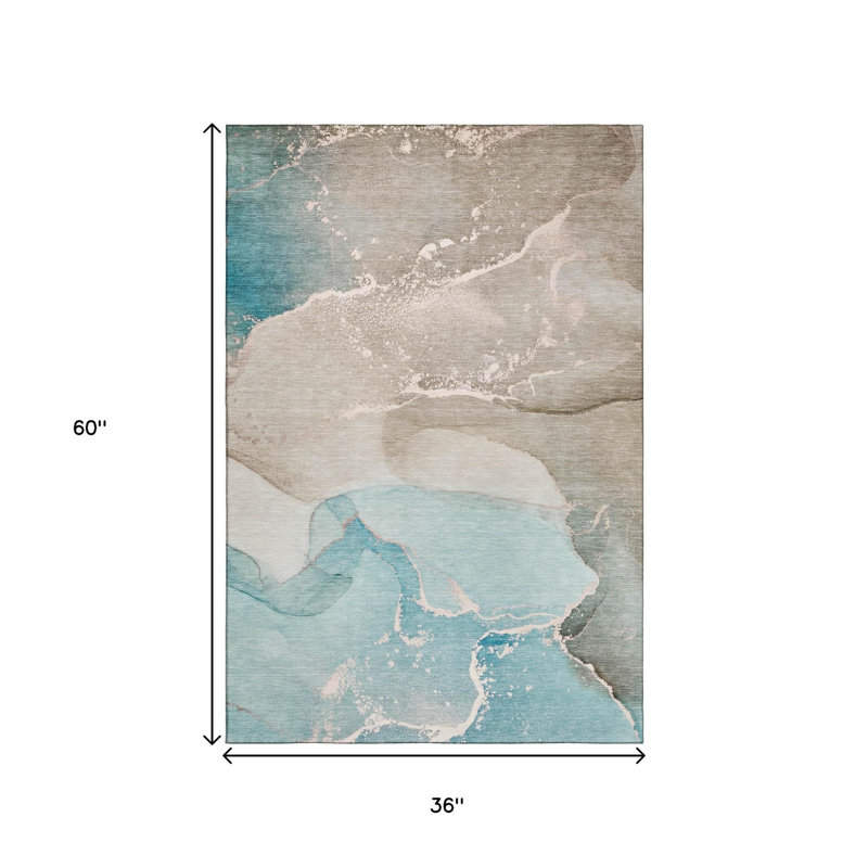 3' X 5' Teal Beige And Ivory Abstract Washable Area Rug With UV Protection