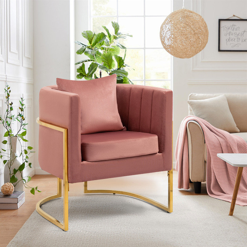 Velvet Modern Barrel Accent Chair with Pillow, Pink