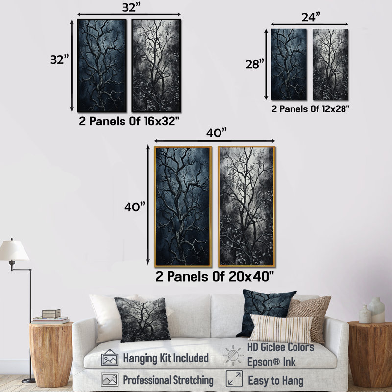 Arbre de Noël gothique gris, ensemble de 2 décorations murales, H 28 po x l 25 po, Toile tendue