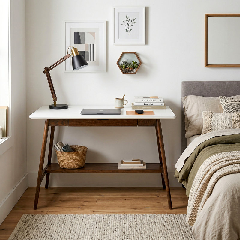 Bureau 48 po Mid-Century avec tablette de rangement inférieure - base en bois de pacanier, plateau blanc, l 48 po x P 24 po