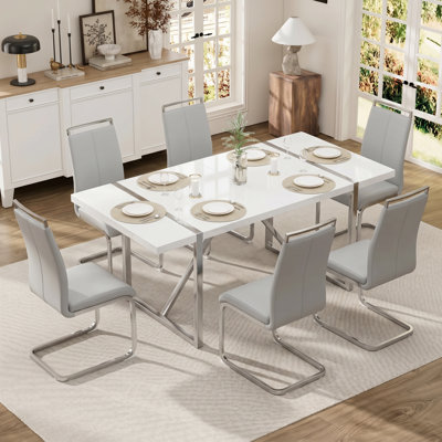 71" Modern Rectangular Dining Set with Geometric Metal Base and Faux Leather Cantilever Chairs